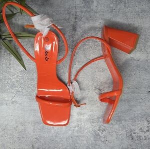 NEW SheIn | Neon Orange Ankle Wrap Heeled Sandals Size 10 3.5" Block Heel
